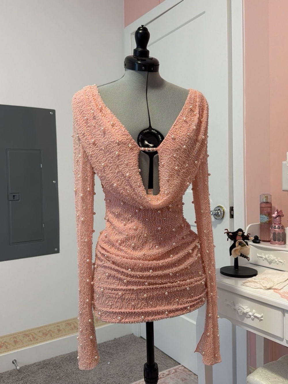 Oh Polly Pearl-Embellished Blush Pink Long-Sleeve Mini Dress